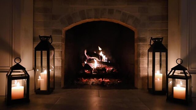 4K fireplace at night - no people