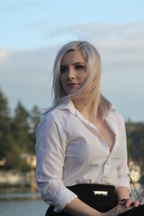 silver haired woman against gorgeous puget sound sky