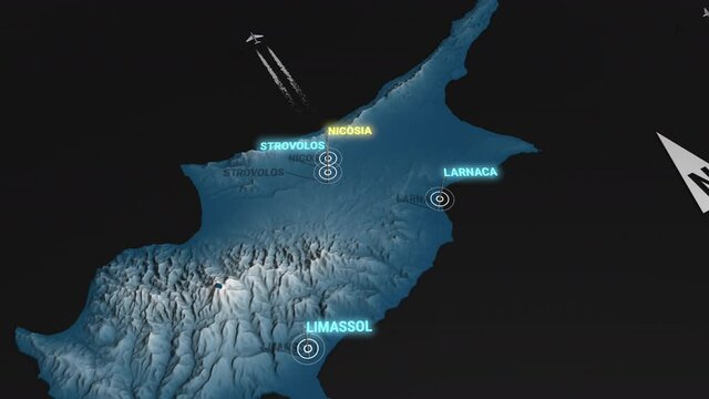 Seamless looping animation of the 3d terrain map at nighttime of Cyprus with the capital and the biggest cites in 4K resolution