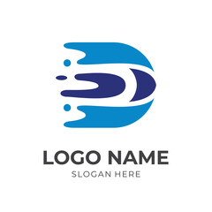 abstract letter D and water logo design template concept vector with flat blue color style