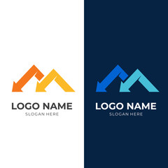 letter M arrow logo design, letter M and arrow, combination logo with flat blue and yellow color style