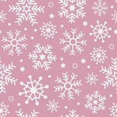 Pink snowflake seamless vector pattern. White snowflakes on a pastel background. Christmas themed, festive, winter holiday print.