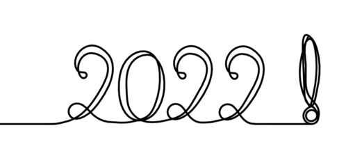Calligraphic inscription of year "2022" as continuous line drawing on white background. Vector