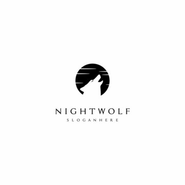 Simple Wolf logo in black circle silhouette, night wolf logo illustration icon template