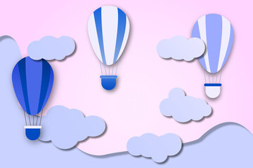 three air balloons with clouds, pink sky. Paper cut-out digital craft style.