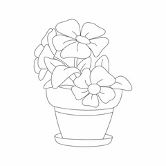 Coloring book pages for adults and kids. Vector black and white contour picture - three flowers in flower pot.