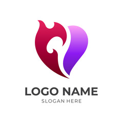 love burn logo design, love and fire, combination logo with flat red and pink color style