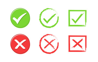 Green check mark and red cross icon. Set of True and false icons on white background. Vector illustration