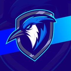 Blue jay bird head mascot esport logo designs for game and sport logo with shield