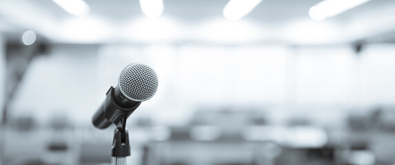Microphone Public speaking background, Close-up the microphone on stand for speaker speech...