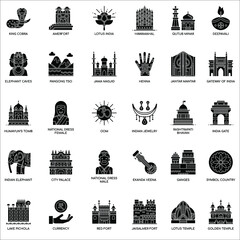 Fototapeta na wymiar Black and white India Symbols elements flat icon collection set