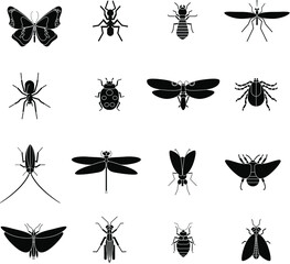 Black and white Insects wildlife flat vector icon collection set