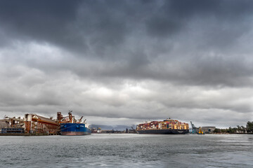 Santos, Sao Paulo, Brazil, September 17, 2021. Cargo ship from Hong Kong loaded with containers is...