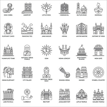 Outline India Symbols elements flat icon collection set