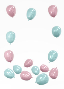 3D rendering of realistic blue and pink balloons with empty space for text. Background for birthday, anniversary, wedding, holiday congratulation banners. Festive template for social media. 3D render.