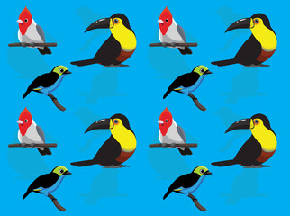 Toucan Cardinal Tanager Bird Cartoon Character Seamless Wallpaper Set