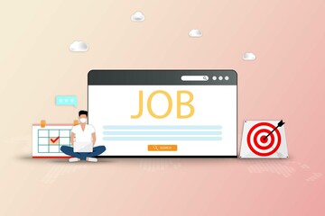 Business concept of job search, businessman is searching to find a new job on his laptop and sit in front of a big screen of web browser that contain big word 