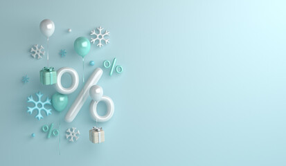Fototapeta na wymiar Winter sale background with balloon, snowflakes, gift box, copy space text, 3D rendering illustration