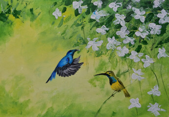 painting of sparrows and flowers. one sparrow is flying and another is perched on a flower branch