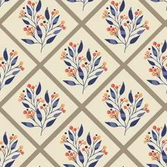 Tapeten Beige Blaue Blätter mit Beeren auf nahtlosem Muster des braunen Hintergrundes. Geometrischer Vektorhintergrund. Kreative Textur für Stoff, Verpackung, Textil.