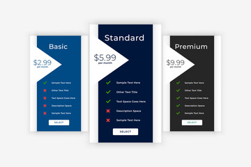modern plans and pricing business table template