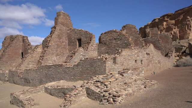 Pueblo Remains, Chacoan Community Stone Buildings. Archaeological Site in Chaco National Historical Park, New Mexico USA, Panorama