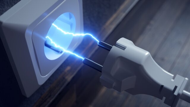 Plug connecting to wall socket with power beam. 