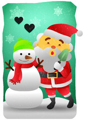 Merry Christmas! Santa clause building snowman in Christmas snow scene. Winter landscape