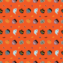 Seamless halloween pattern background with funny cartoon Dracula, Frankenstein, ghost mummy and pumpkin. seamless pattern background. Vector illustration for fabric and gift wrap paper design.