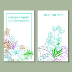 Greeting cards colorful flowers and leaves in line art