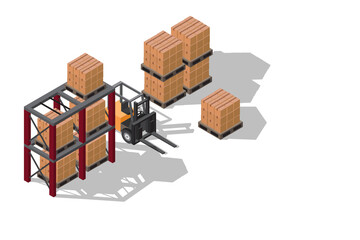 Isometric vector illustration warehouse where goods are stored on pallets and racks with forklift isolated on white backgrounds concept of efficient warehouse management