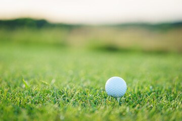 Golf ball on green grass on a golf course. Sports equipment close-up.