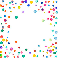 Watercolor confetti on white background. Admirable rainbow colored dots. Happy celebration square colorful bright card. Lovely hand painted confetti.