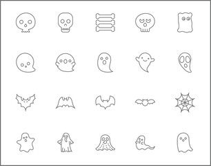 Set of Ghost and Halloween line style. It contains such as Frankenstein, Skeleton, Eyeball, spook, alien, boo and other elements.