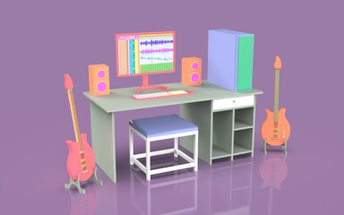 Design cute studio music recording illustration set with table and sound audio production arranger