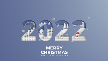 Winter Snow Urban Countryside Landscape City Village,Happy new year 2022 and Merry christmas,paper art and cut style.