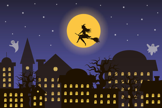 Halloween night city with witch flying against the moon. Ghosts are flying above the city. Vector Halloween banner, greeting card, poster or background.