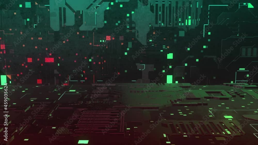 Poster flying inside cyberspace with beautiful abstract digital particles. motion. fast electrons moving in