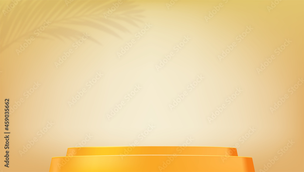 Poster studio background with podium and shadow of palm leaf on wall. studio for product display with copy 