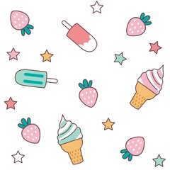 strawberry cartoons pattern design. sweet background. The seamless cute ice cream pattern in a girl or baby fashion, Fresh and juicy colorful strawberry fruit in summer. Vector illustration set.