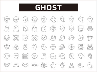 Set of 60 Ghost and Halloween line style. Contains such icons as Frankenstein, Skeleton, Eyeball, spook, alien, boo and other elements.