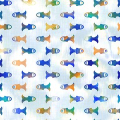Batik fish tie dye wash background. Mottled underwater swimming fishes for beach swimwear. Fun summer trendy beach fashion print. Digital fluid watercolor effect. High resolution seamless pattern.