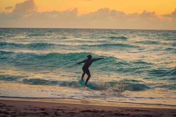 man surfing beach waves horizon sunrise sky clouds surf people travel vacation sport ocean Miami Florida  