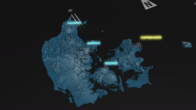 Seamless looping animation of the 3d terrain map at nighttime of Denmark with the capital and the biggest cites in 4K resolution