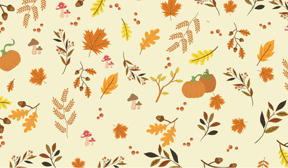 Seamless pattern with acorns and autumn oak leaves in Orange, Beige, Brown and Yellow. Perfect for wallpaper, gift paper, pattern fills, web page background, autumn greeting cards.
