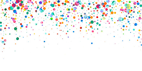 Watercolor confetti on white background. Adorable rainbow colored dots. Happy celebration wide colorful bright card. Unequaled hand painted confetti.