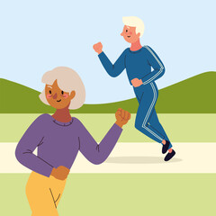 old man and woman running