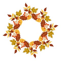 Fototapeta premium Autumn wreath of orange and yellow leaves on a white background. Round autumn frame of leaves and berries for decorative design. Botany decor. 