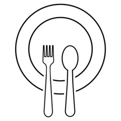 The isolated fork spoon and dish vector. The drawing of fork spoon and dish. Food equipment. Restaurant equipment