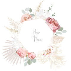 Pink and white garden roses, dried leaves, eucalyptus vector design invitation frame